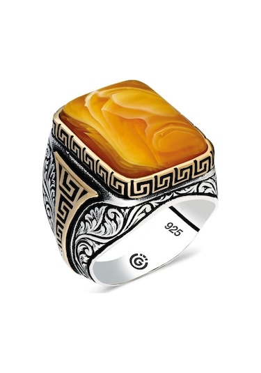 Sentetik Kehribar Taşlı 925 Ayar Erkek Gümüş Yüzük Beyaz