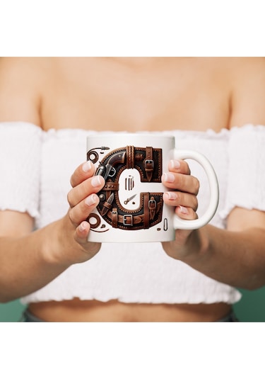 C Harfi Kovboy Temalı Bardak 330 Ml İsim / Harf Kişiye Özel Hediye - Vahşi Batı Konsept Beyaz