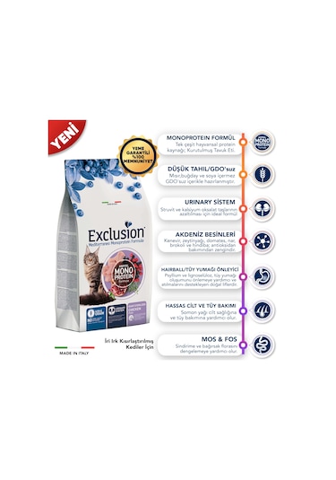 Exclusion Düşük Tahıllı Monoprotein İri Irk İçin Tavuklu Kısırlaştırılmış Kedi Maması 1500 G