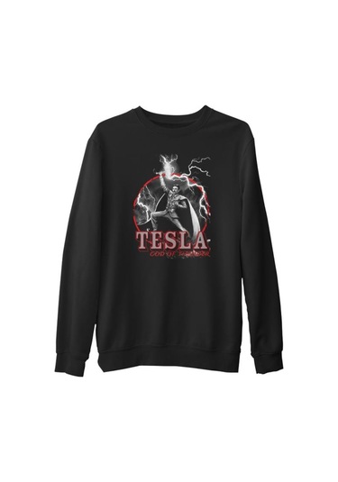 Tesla - God Of Thunder Siyah Erkek Kalın Sweatshirt