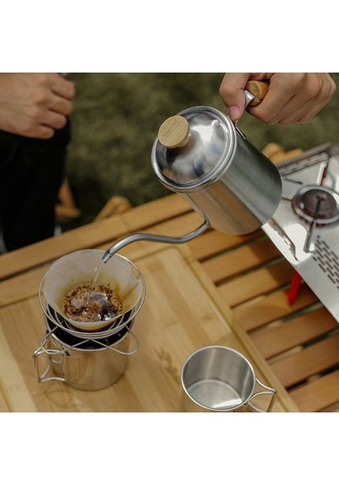Fastbuy 304 Paslanmaz Çelik 650ml Taşınabilir Kahve Demleme Cezvesi, Ahşap Saplı Uzun Burunlu Gümüş Renkli Gümüş