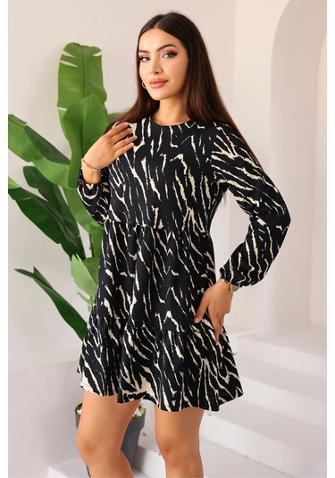 Kadın Zebra Siyah Krem Desenli Uzun Kollu Mini Elbise - Kadın Elbise Siyah