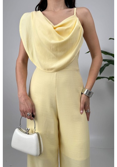 Élan Kadın Drapeli Detaylı Sarı Tulum Dokulu Kumaş Şıklığı Sarı