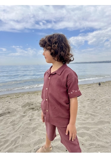 Kolları Nakışlı Gömlek Şort Keten Erkek Çocuk Takım Mürdüm Mürdüm