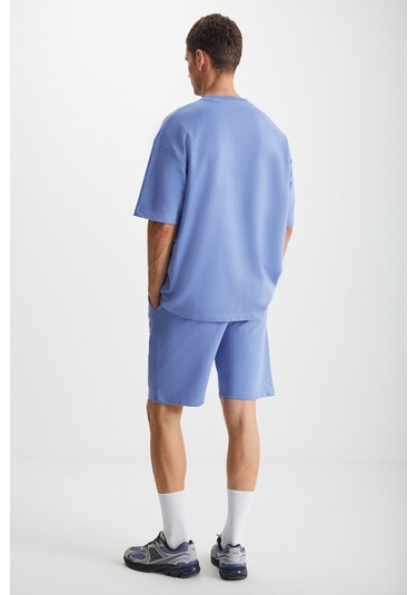 GRIMELANGE Colombıa Erkek 2'li Set Comfort Fit Rahat Kalıp Yazı Nakışlı Şardonsuz Mavi Eşofman Takımı Mavi