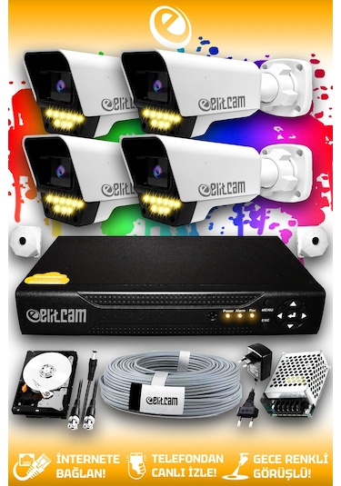 Elitcam 4 Kameralı Süper 4 Dış Kamera Set 250 GB 5 MP 2K Net Renkli Gece Görüşlü Güvenlik Kamerası Sistemi