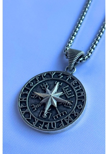 Vegvisir Pusulalı El İşçiliği Paslanmaz Çelik Zincir Erkek Kolye Gümüş