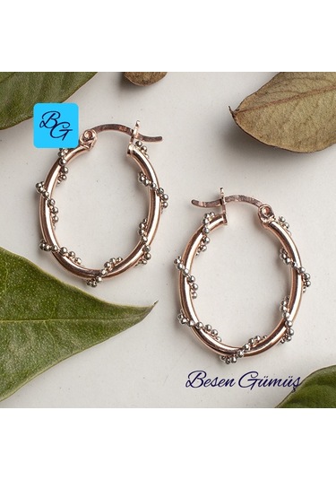 Rose Topçuklu Zincir Sarmalı Oval Halka Küpe Gümüş