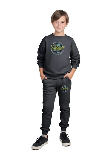 Yuvarlak Yaka Football Baskılı Erkek Çocuk Eşofman Takımı Füme