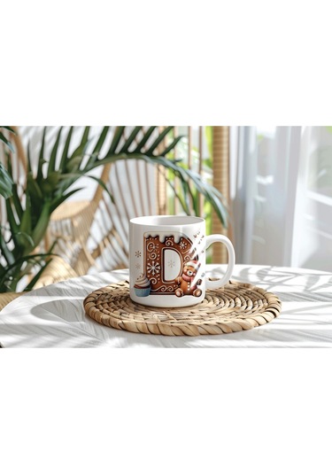 D Kurabiye Harf Ve Ayıcık Detaylı Kupa Bardak - Yeni Yıl / Yılbaşı Temalı Tasarım - Noel Hediye Beyaz