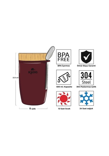 Çelik Yemek Termos - Igloo - Bamboo - 500 Ml - Bordo - 205789 Diğer
