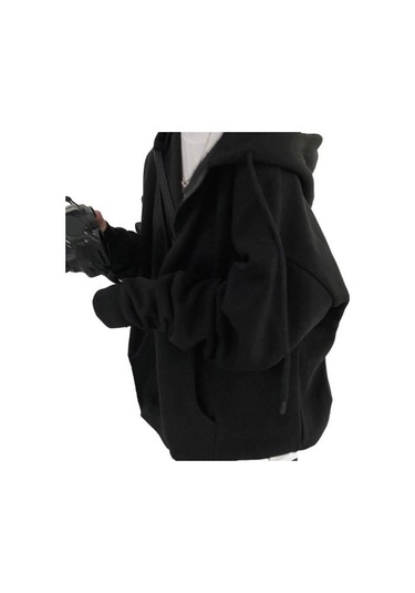 Siyah Kadın Kış Ceket Fermuar Kapatma Kalın Kapşonlu Uzun Kollu İpli Gevşek Düz Renk Cepler Elastik Manşet Bayan Sonbahar Ceket Siyah