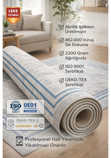 Premium Akrilik Modern Salon Halısı - Mavi Çerçeveli 462.000 Vuruş Sık Dokuma Leke Tutmaz Lacivert