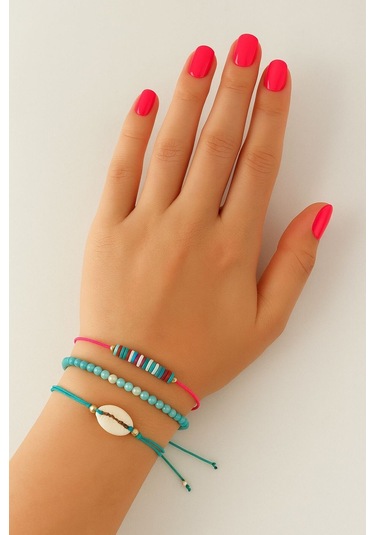 3lü Deniz Kabuğu İncili Boncuklu Asansörlü Lastikli İp Bileklik. Kadın İp Bileklik Halhal Çok Renkli