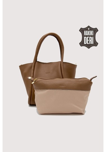 Hakiki Deri Kadın Organizerlı El Çantası Taba Smr9206 Taba