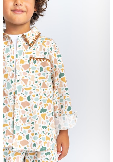 Oliventhekid Unisex Yaka Ve Cep Nakışlı Poplin Takım Ekru Ekru