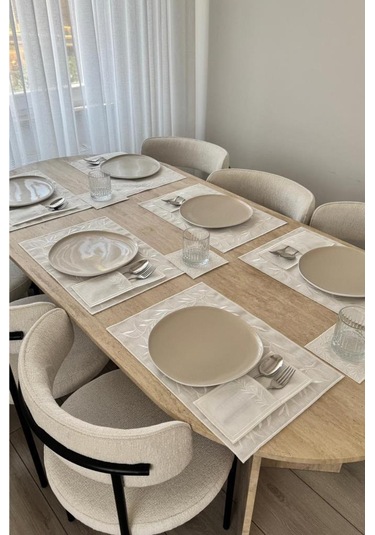 Nazlım Keten Nakışlı Amerikan Servis Takımı 19 Parça Krem Krem