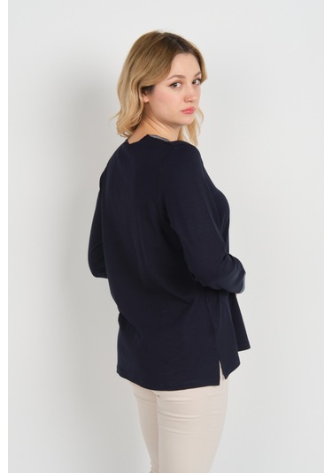 Detay Triko Kadın V Yaka Ve Yakası Taş Detaylı Uzun Kollu Anne Bluz 5711 Lacivert - Yeşil