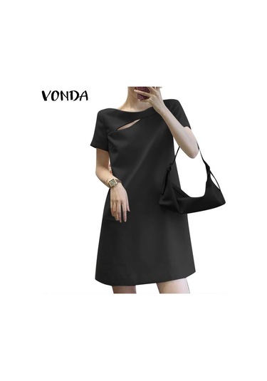 Beyaz Vonda Bayan Yaz Yuvarlak Yaka Kısa Kollu Yırtmaçlı İnci Düğme Düz Tek Renk Kısa Elbiseler