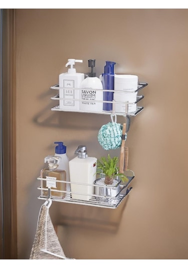 Suntel Krom Renk Yapışkanlı Kancalı 2 Adet Set Banyo Rafı Gri