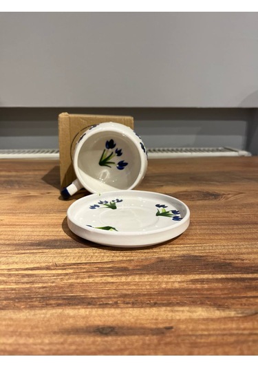 Mavi Çiçek Desenli Seramik Kupa, Mug, Double Türk Kahvesi Filtre