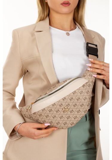 Newish Polo Kadın Desenli Çapraz Omuz Askılı Bel Ve Omuz Çantası - New345 Bej