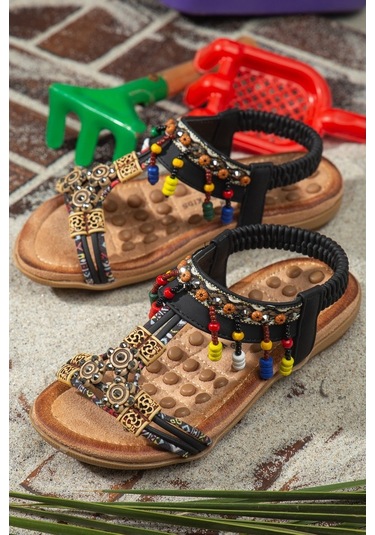Khayt Alice Anatomik Fashion Taşlı Çocuk Sandalet Siyah