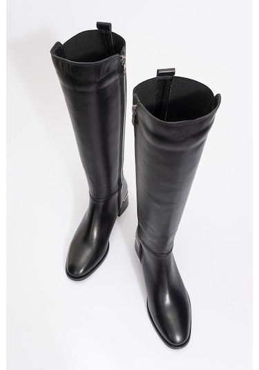 Rochos Siyah Cilt Streç Detaylı Hakiki Deri Kadın Çizme Siyah Mat