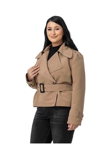 Büyük Beden Mono Yaka Kemerli Astarlı Kısa Vizon Trençkot Vizon