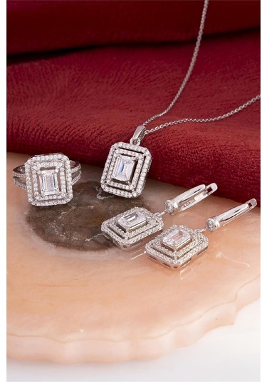 925 Ayar Gümüş Rodyumlu Full Beyaz Zirkon Taşlı Baget Bayan Takı Seti -8235 Gümüş
