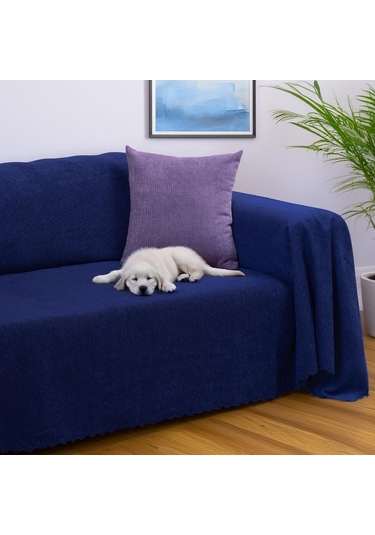 Jakarlı Şönil Koltuk Örtüsü Çekyat Örtüsü Koltuk Şalı 175x350 Kaymaz Lacivert Lacivert