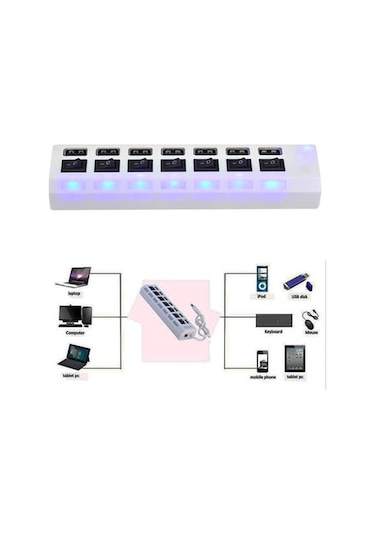 7 Port Usb Hub Çoklayıcı Anahtarlı Switch Işıklı Beyaz Adaptörlü (533634728)