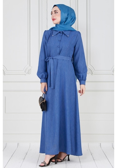 İnci Detaylı Kuşaklı Tesettür Elbise-mavi-3586-mavi Mavi