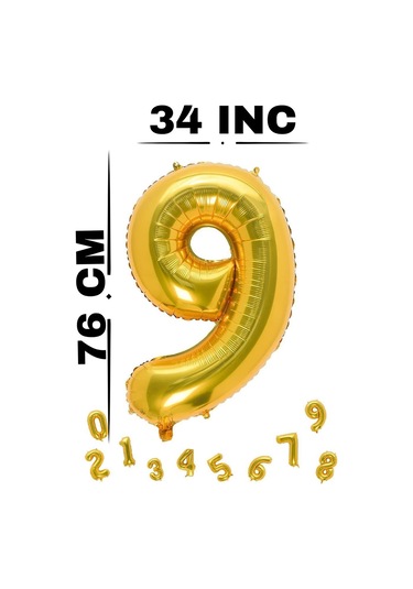 Folyo Balon Rakam Gold Renk 34 Inc 76 Cm Helyum Uyumlu 9