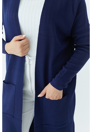 Modaplaza Kadın Cepli Düz Uzun Hırka 4341- Lacivert