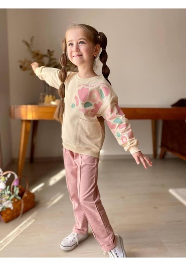 Kız Çocuk Kalp Baskılı 2'li Takım. Pamuklu Mükemmel Kalite Pembe