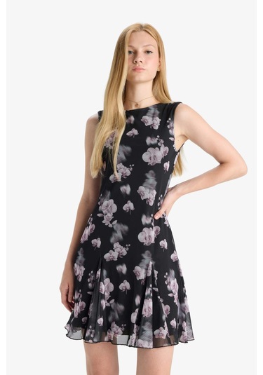 Defacto Coool Bisiklet Yaka Desenli Tül Kolsuz Mini Elbise F0415ax25wnbk81 Siyah