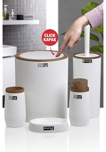 Okyanus Home Beyaz Ahşap Çizgili Yuvarlak 5'Li Banyo Seti