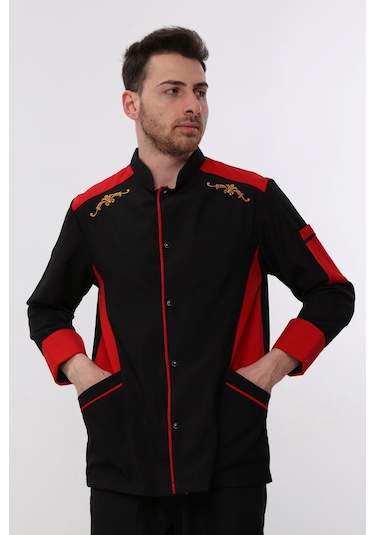 Uniprom Uzun Kollu Aşçı Ceketi Önlük Nakışlı Cepli Şef, Garson Siyah - Kırmızı