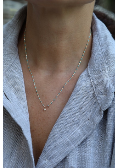 Yenigün Kuyumculuk 14 Ayar Altın Turkuaz Taşlı Ve Tek Taş Detaylı Kolye Kly17570 Sarı Altın