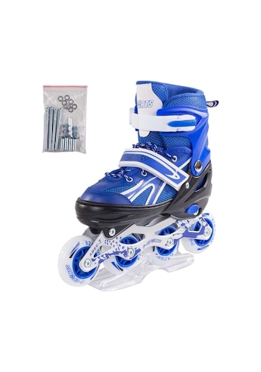 Paten Ayarlanabilir 2+2 Ve 2+1+1 Işıklı Metal Gövde Alıştırma Pateni Çantalı Mavi