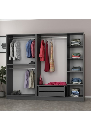 Minar Kale 5 Kapaklı 3 Aynalı 2 Çekmeceli Dolap Antrasit 210cm Antrasit