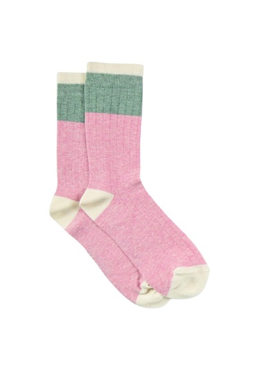 Kadın Pembe-yeşil Blok Desenli Soket Çorap Pembe