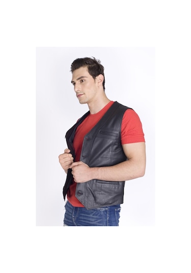 Hakiki Deri Siyah Yelek Siyah