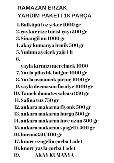 Ramazan Kumanyası Yardım Kolisi Gıda Paketi 18 Parça