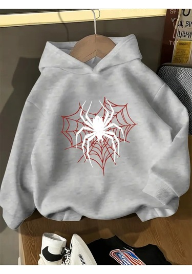 Kışlık Kapüşonlu Sweatshirt, Çocuk Örümcek Ağ Kalpli Baskılı Gri