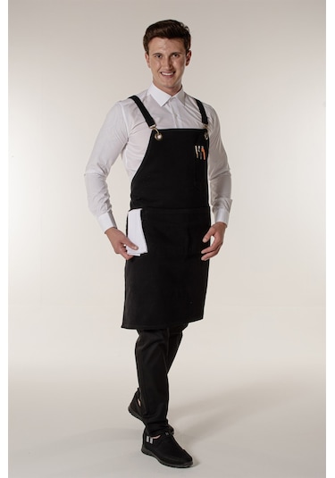 Siyah Kanvas Barista Cafe Restoran Askılı Önlük - Siyah