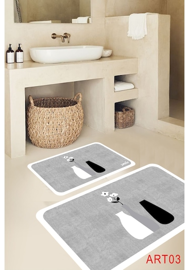 Eco Concept Banyo Paspası, Kaymaz Taban, Çiçek Desenli, Klozet Ta Gri - Beyaz