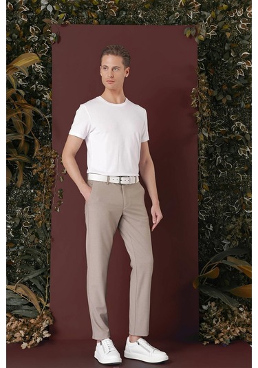 Slim Fit Yan Cepli Dokulu Esnek Casual Bej Pantolon P 1139 Bej