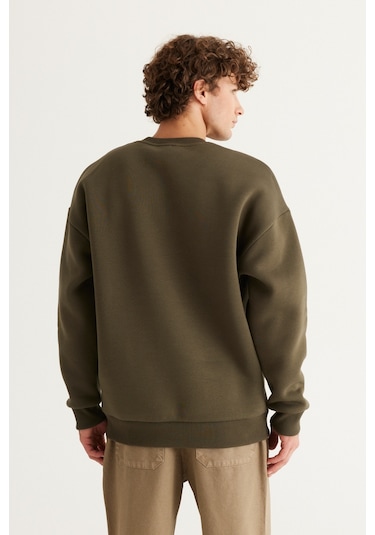 AC&Co / Altınyıldız Classics Erkek Hakı Oversize Fit Bol Kesim Pamuklu İçi Polarlı Bisiklet Yaka Sweatshirt Haki